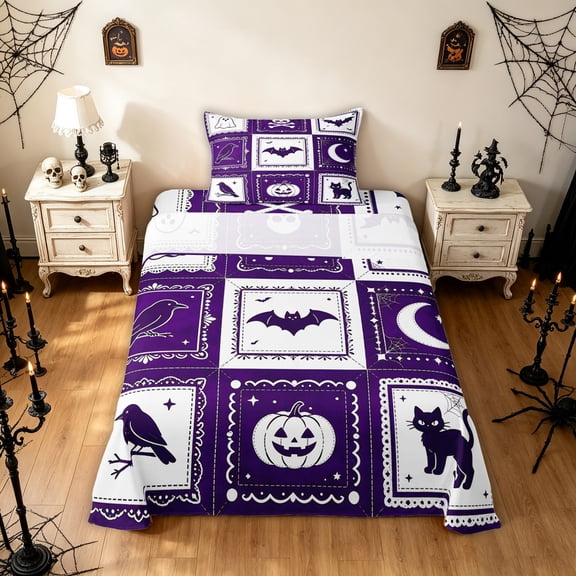 Feelyou Halloween Ghost Raven Twin Sheets, Boho Starry Sky Moon Bedding, Purple White, 3pcs, 1 Flat Sheet, 1 Fitted Sheet and 1 Pillowcase