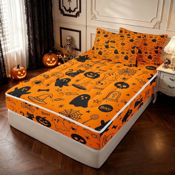 Feelyou Halloween Ghost Tombstone Zipper Twin Comforter Sets with Fitted Sheet and 2 Pillowcases, Spooky Black Cat Skull Zipper Bedding Set, Orange, Halloween Reversible, 4pcs