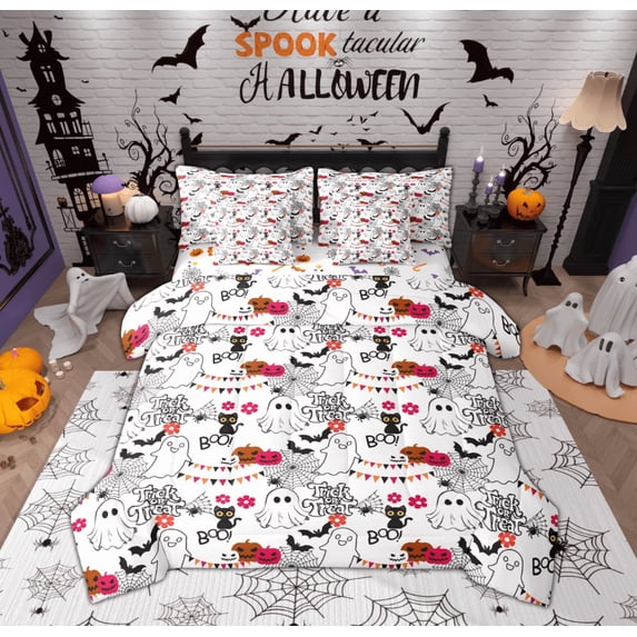 Feelyou Halloween Ghost Twin Bedding Sets 7-Piece for Kids, Kawaii Black Cat Bedding Comforter Set, Gothic Pumpkin Bat Reversible Sheet Sets, Ultra Soft Home Decor