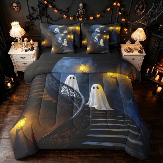Feelyou Halloween Ghost Twin Bedding, Spooky Gothic Castle Bedding Comforter Set, Dark Blue, Black Reversible, 7pcs