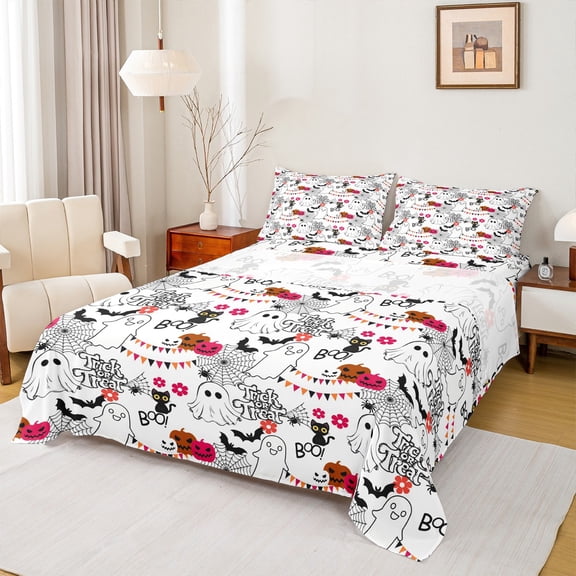 Feelyou Halloween Ghost Twin Sheet Sets for Kids, Kawaii Black Cat Twin Fitted Sheet, Gothic Pumpkin Bat Flat Sheet, Ultra Soft Home Decor, 3-Piece