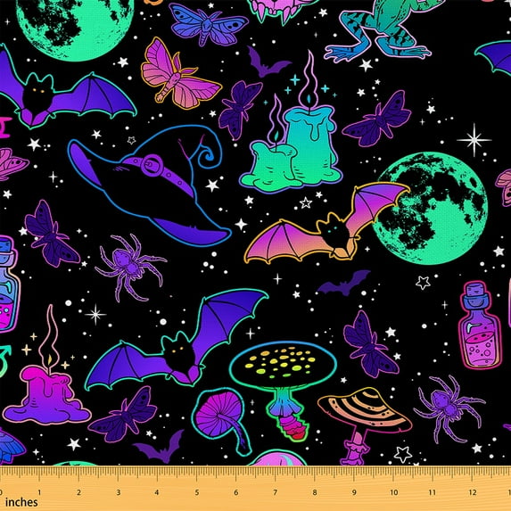 Feelyou Halloween Neon Bat Fabric by the Yard 10 Yards, Magic Witch Home Decor Fabric by the Yard, Mystic Plant Galaxy Sewing Fabric, Luxury Bedroom Decor