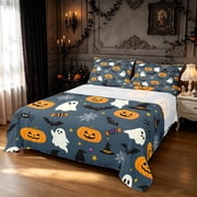 Feelyou Halloween Pumpkin Bed Sheets, Spooky Ghost Bat Full Size Sheets, Navy, 4pcs, 1 Flat Sheet, 1 Fitted Sheet and 2 Pillowcases