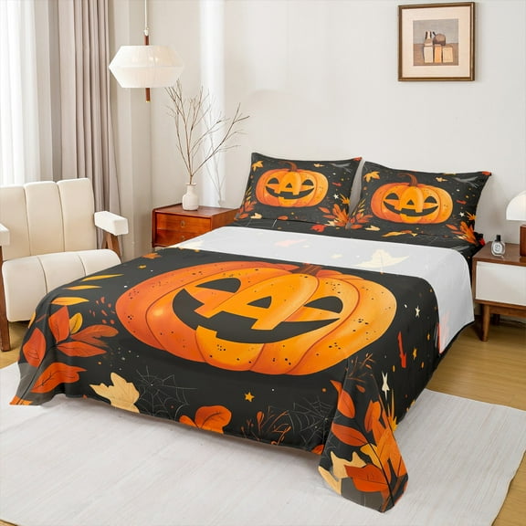 Feelyou Halloween Pumpkin Child Twin Sheet Sets, Autumn Leaf Twin Fitted Sheet, Black Orange Flat Sheet, Lightweight Room Decor, 3 Pieces