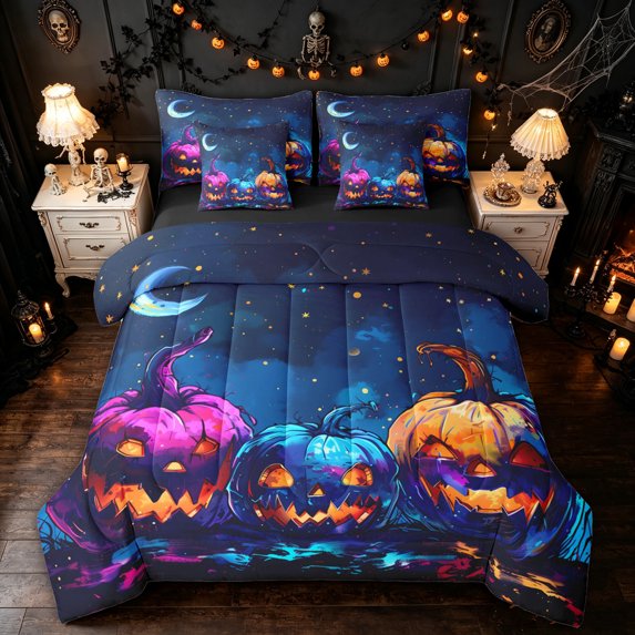 Feelyou Halloween Pumpkin Moon Twin Bedding, Boho Star Sky Bedding Comforter Set, Purple Blue, Black Reversible, 7pcs