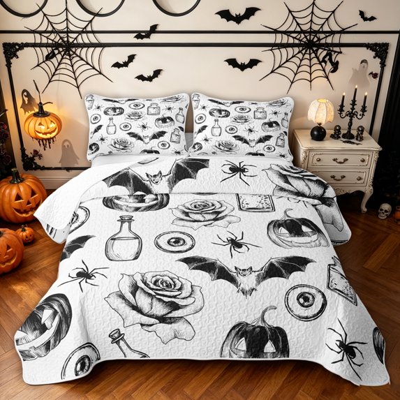 Feelyou Halloween Pumpkin Spider Quilt King, Boho Gothic Romantic Rose King Coverlet Set, 3 Pieces, 1 Comforter and 2 Pillowcases