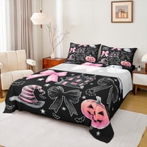 Feelyou Halloween Pumpkin Twin Sheet Sets, Black Pink Bowknot Bow Twin Fitted Sheet, Gothic Princess Castle Flat Sheet, Luxury Bedroom Decor, 3 Pieces