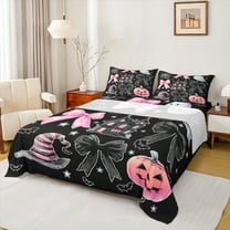 Feelyou Halloween Pumpkin Twin Sheet Sets, Black Pink Bowknot Bow Twin Fitted Sheet, Gothic Princess Castle Flat Sheet, Luxury Bedroom Decor, 3 Pieces
