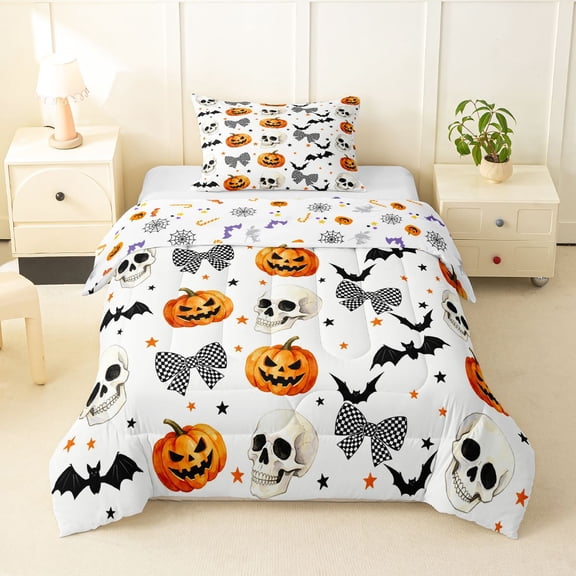Feelyou Halloween Skeleton Bat Twin Comforter Sets, Spooky Pumpkin Bedding Set, White Orange, Halloween Reversible, 2 Pieces, 1 Comforter and 2 Pillowcases