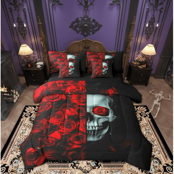 Feelyou Halloween Skeleton Bedding Comforter Set 7pcs, Romantic Red Rose Queen Bedding Sets, Couple Valentines Day Reversible Queen Sheet Sets, Breathable Home Decor