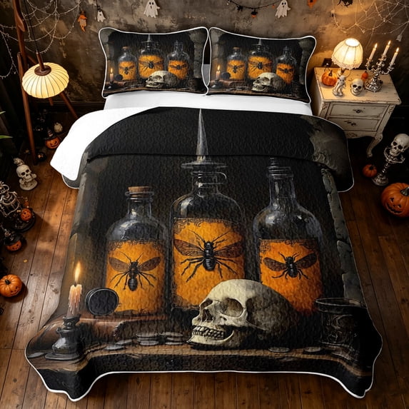 Feelyou Halloween Skull Bottle Quilt Full, Vintage Spooky Skull Full Bedspread Sets, 3pcs, 1 Comforter and 2 Pillowcases