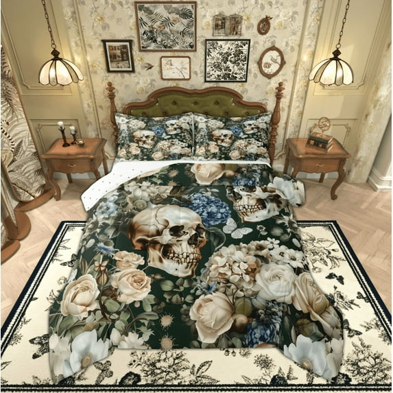 Feelyou Halloween Skull Queen Comforter Set, Vintage Western Floral Bedding Sets, Gothic Romantic Reversible Bedding Comforter Set, Lightweight Room Decor,3 Pieces