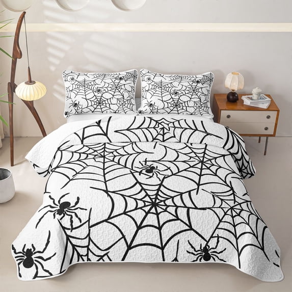 Feelyou Halloween Spider Web Quilt Full, Spooky Animal Full Bedspread Sets, Black White, 3 Pieces, 1 Comforter and 2 Pillowcases