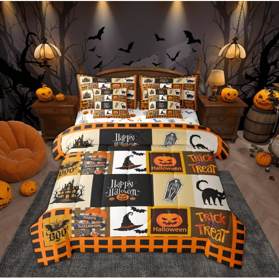 Feelyou Halloween Witch Hat Bedding Comforter Set 7pcs, Mystic Gothic Castle Queen Bedding Sets, Black Orange Patchwork Buffalo Reversible Queen Sheet Sets, Lightweight Room Decor