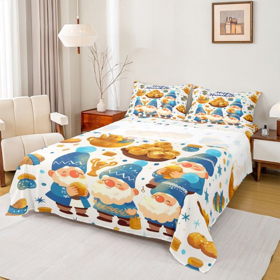 Feelyou Hanukkah Menorah Teens Bed Sheets, Kawaii Rustic Gnome King Sheets, Happy Chanukah Theme Sheet Set, Lightweight Room Decor, 4-Piece