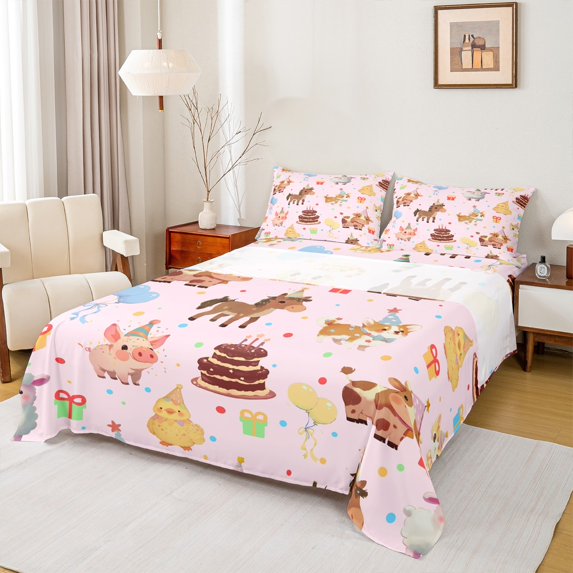 Feelyou Happy Birthday Kids Queen Sheet Sets, Kawaii Pig Cow Horse Flat Sheet, Cartoon Animal Party Queen Fitted Sheet, Lightweight Room Decor, 4-Piece