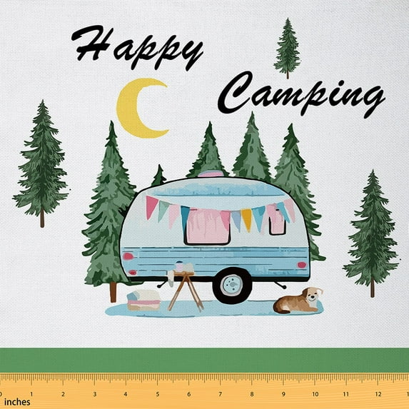 Feelyou Happy Camping Fabric by the Yard 1 Yard for Kids Boys Girls, Jungle Pine Tree Home Decor Fabric by the Yard, RV Accessories Sewing Fabric, Breathable Home Decor