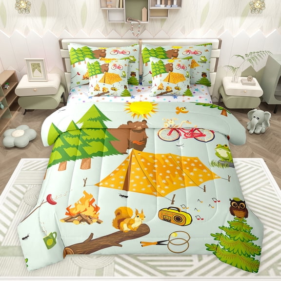 Feelyou Happy Camping Kids Bedding Comforter Set 7pcs, Pine Tree Botanical Queen Bedding Sets, Kawaii Squirrel Animal Reversible Queen Sheet Sets, Super Cozy Room Decor