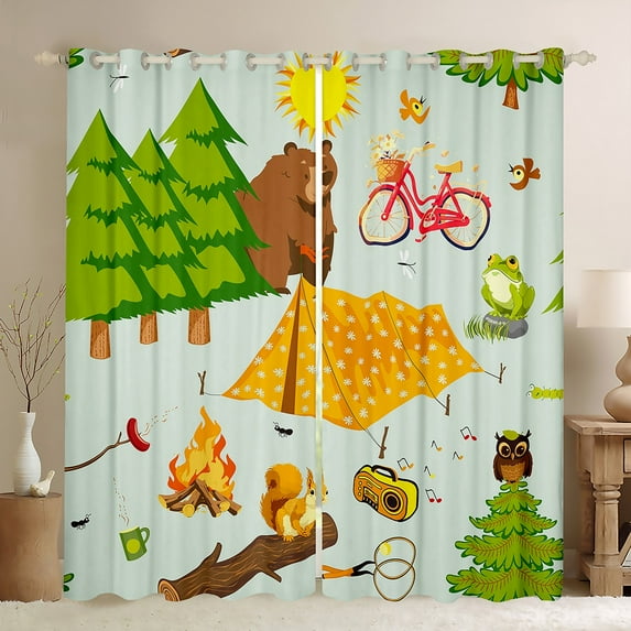 Feelyou Happy Camping Kids Curtains Pack of 2 (42x84 Each), Pine Tree Botanical Curtains Blackout, Kawaii Squirrel Animal Bedroom Curtains, Black Out Curtains Decor