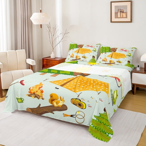 Feelyou Happy Camping Kids Queen Sheet Sets, Pine Tree Botanical Flat Sheet, Kawaii Squirrel Animal Queen Fitted Sheet, Super Cozy Room Decor, 4-Piece