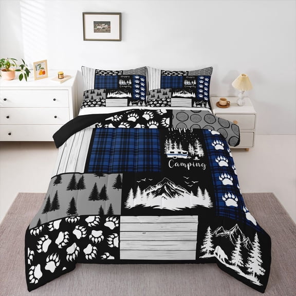 Feelyou Happy Camping Kids Twin Comforter Sets, Blue Plaid Buffalo Bedding Set, 2-Piece