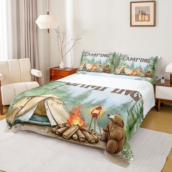 Feelyou Happy Camping Teens Bed Sheets, Jungle Adventure Explorer King Sheets, Camping Camper Theme Sheet Set, Super Cozy Room Decor, 4 Pieces