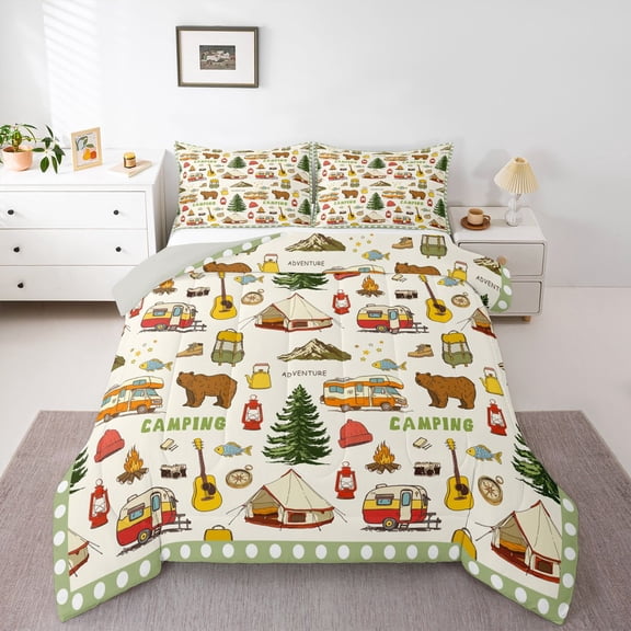 Feelyou Happy Camping Teens Twin Comforter Sets, Rustic Tree Bear Bedding Set, 2 Pieces