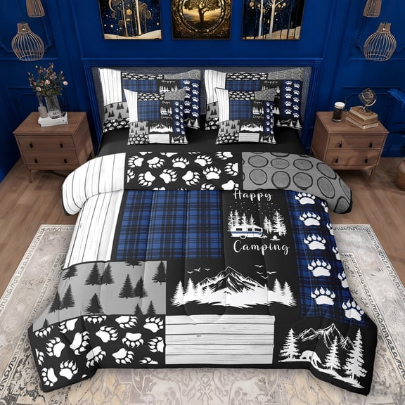 Feelyou Happy Camping Twin Bedding Sets 7-Piece, Blue Plaid Buffalo Bedding Comforter Set