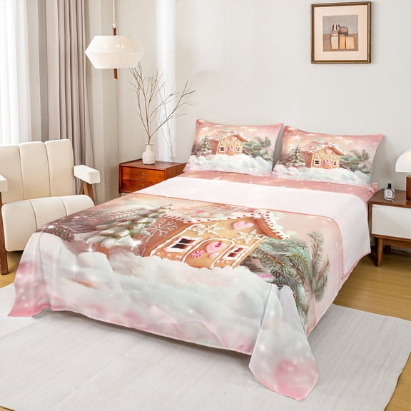 Feelyou Happy Christmas Twin Sheet Sets for Girls, Mystic Stars Galaxy Twin Fitted Sheet, Kawaii Xmas Tree Flat Sheet, Luxury Bedroom Decor, 3pcs