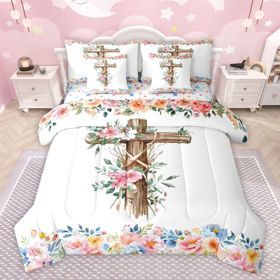 Feelyou Happy Easter Kids Bedding Comforter Set 7pcs, Rustic Farmhouse King Bedding Sets, Pink Watercolor Floral Reversible Bed Sheets, Lightweight Room Decor