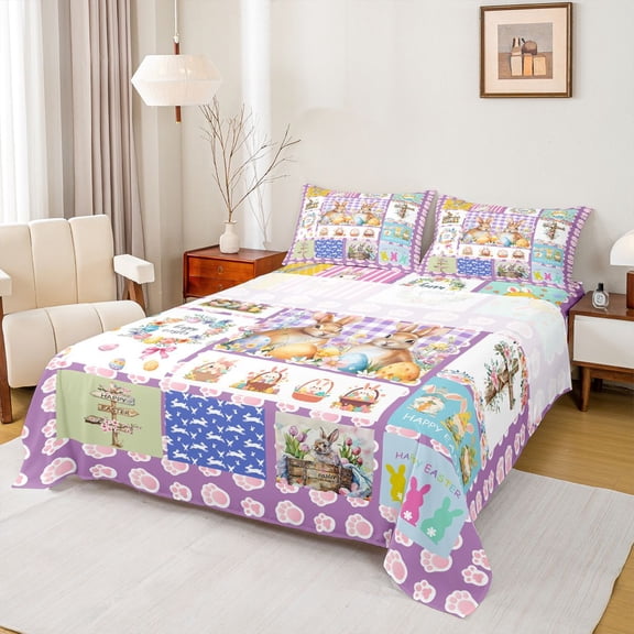 Feelyou Happy Easter Teens Bed Sheets, Kawaii Bunnies Animal King Sheets, Purple Cartoon Patchwork Sheet Set, Cute Super Cozy Room Decor, 4 Pieces