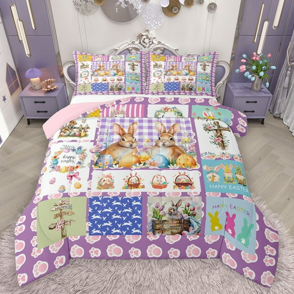 Feelyou Happy Easter Teens Queen Comforter Set, Kawaii Bunnies Animal Bedding Sets, Purple Cartoon Patchwork Reversible Bedding Comforter Set, Cute Super Cozy Room Decor, 3 Pieces