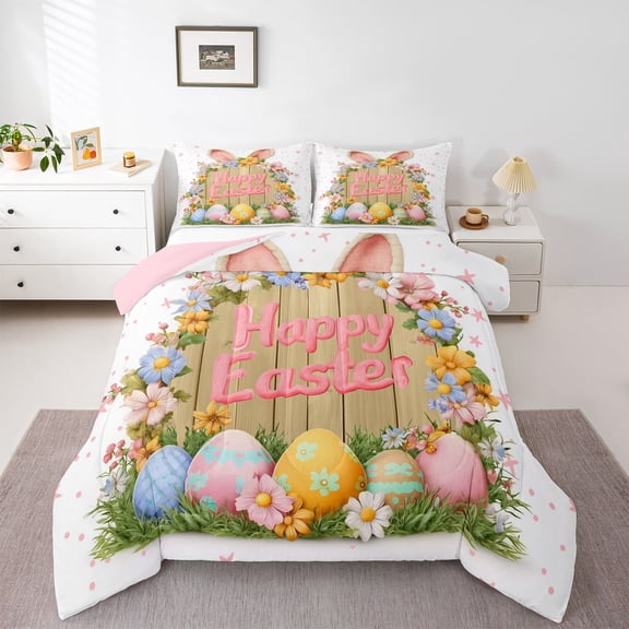 Feelyou Happy Easter Teens Twin Comforter Sets, Cartoon Rabbit Eggs Bedding Set, 2pcs