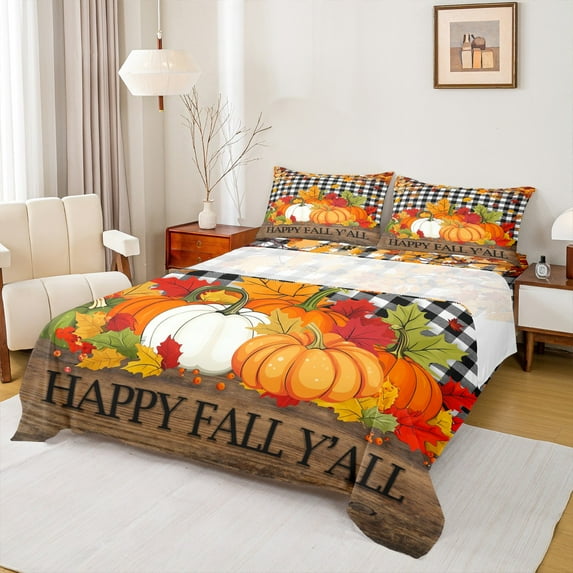 Feelyou Happy Fall Full Size Sheets, Harvest Autumn Pumpkin Bed Sheets, Black White Plaid Buffalo Sheet Sets, Breathable Home Decor, 4pcs