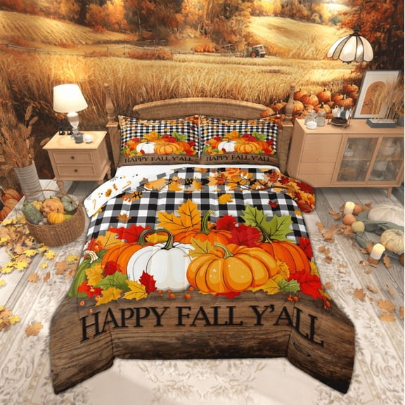 Feelyou Happy Fall Queen Comforter Set, Harvest Autumn Pumpkin Bedding Sets, Black White Plaid Buffalo Reversible Bedding Comforter Set, Breathable Home Decor, 3pcs