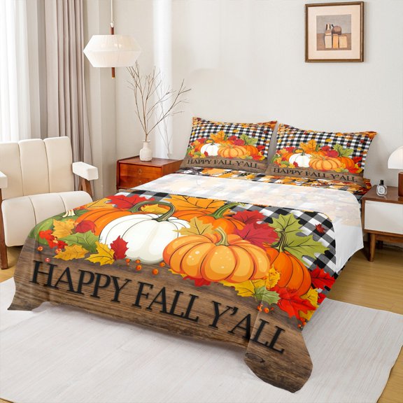 Feelyou Happy Fall Queen Sheet Sets, Harvest Autumn Pumpkin Flat Sheet, Black White Plaid Buffalo Queen Fitted Sheet, Breathable Home Decor, 4pcs