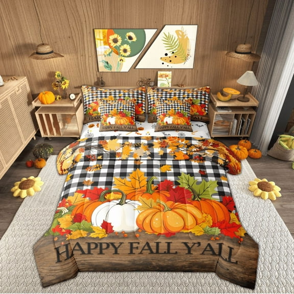 Feelyou Happy Fall Twin Bedding Sets 7-Piece, Harvest Autumn Pumpkin Bedding Comforter Set, Black White Plaid Buffalo Reversible Sheet Sets, Breathable Home Decor