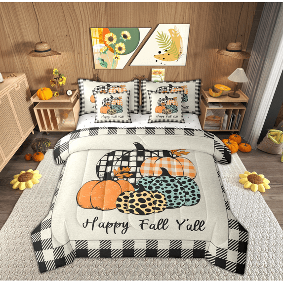 Feelyou Happy Fall Yall Bedding Comforter Set 7 Pieces, Black Grey Buffalo Full Bedding Set, Autumn Harvest Pumpkin Fitted Sheet Flat Sheet, Breathable Home Decor
