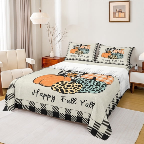 Feelyou Happy Fall Yall Full Size Sheets, Black Grey Buffalo Bed Sheets, Autumn Harvest Pumpkin Sheet Sets, Breathable Home Decor, 4-Piece