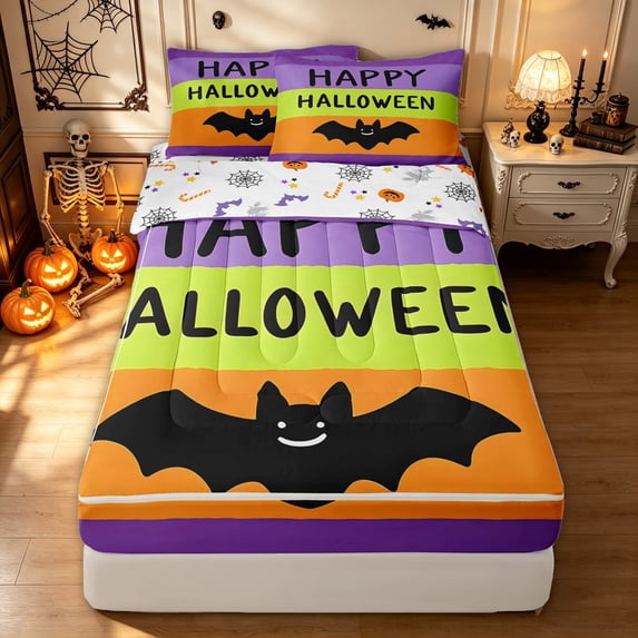 Feelyou Happy Halloween Bat Zipper Twin Comforter Sets with Fitted Sheet and 2 Pillowcases, Spooky Stripe Zipper Bedding Set, Purple Lime Orange, Halloween Reversible, 4 Pieces