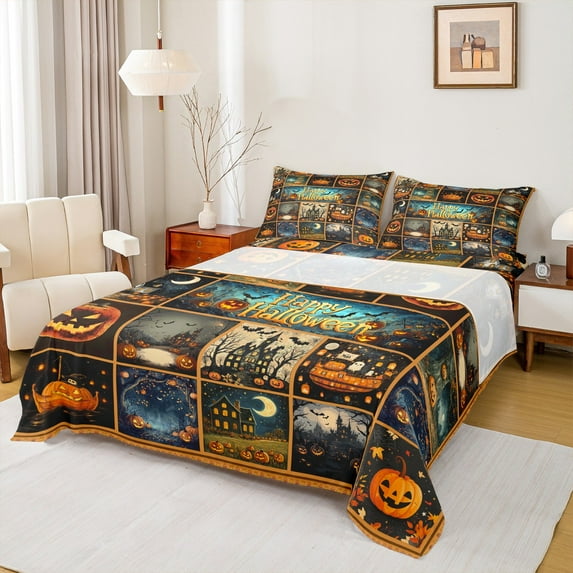 Feelyou Happy Halloween Bed Sheets, Horror Spooky Jungle Pumpkin King Sheets, Patchwork Plaid Sheet Set, Breathable Home Decor, 4 Pieces