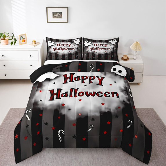 Feelyou Happy Halloween Ghost Full Size Comforter Sets, Spooky Candy Bedding Comforter Set, Black Red, Black Reversible, 3 Pieces, 1 Comforter and 2 Pillowcases
