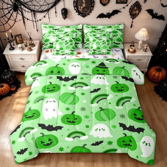 Feelyou Happy Halloween Ghost Pumpkin Twin Bedding, Cute Bat Rainbow Bedding Comforter Set, Green, Halloween Reversible, 7pcs