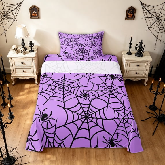 Feelyou Happy Halloween Spider Web Twin Sheets, Spooky Animal Bedding, Purple Black, 3-Piece, 1 Flat Sheet, 1 Fitted Sheet and 1 Pillowcase