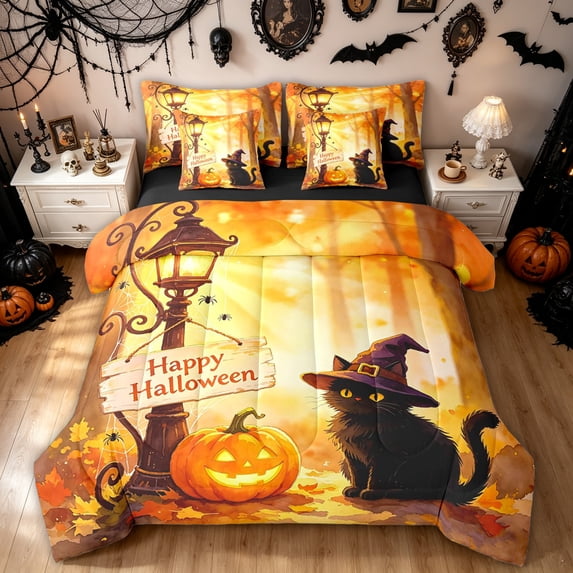 Feelyou Happy Halloween Witch Cat Twin Bedding, Cartoon Pumpkin Scene Bedding Comforter Set, Orange Brown, Black Reversible, 7 Pieces