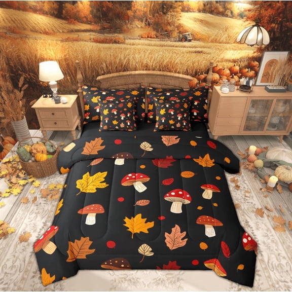 Feelyou Happy Harvest Bedding Comforter Set 7pcs, Autumn Maple Leaf King Bedding Sets, Fall Jungle Mushroom Reversible Bed Sheets, Lightweight Room Decor