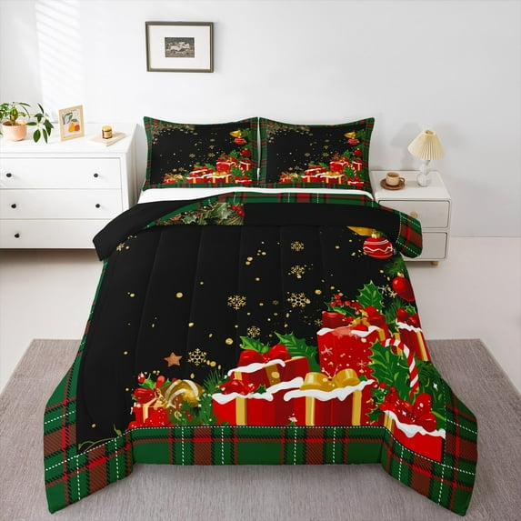Feelyou Happy New Year Full Size Comforter Sets for Kids, Christmas Gifts Bedding Comforter Set, Red Green Buffalo Reversible Bedding Sets, Ultra Soft Home Decor, 3-Piece