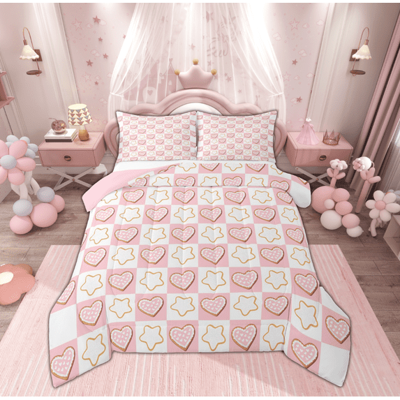 Feelyou Happy New Year Queen Comforter Set for Teen, Princess Love Heart Bedding Sets, Christmas Stars Print Reversible Bedding Comforter Set, Ultra Soft Home Decor, 3-Piece