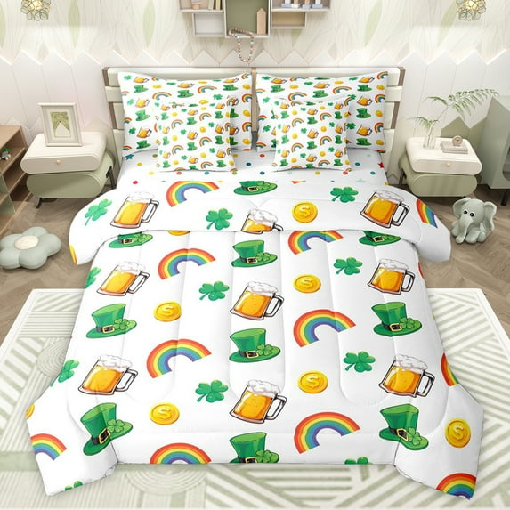 Feelyou Happy St. Patrick's Day Kids Bedding Comforter Set 7pcs, Seasonal Spring Holiday Queen Bedding Sets, Cartoon Shamrock Reversible Queen Sheet Sets, Luxury Bedroom Decor