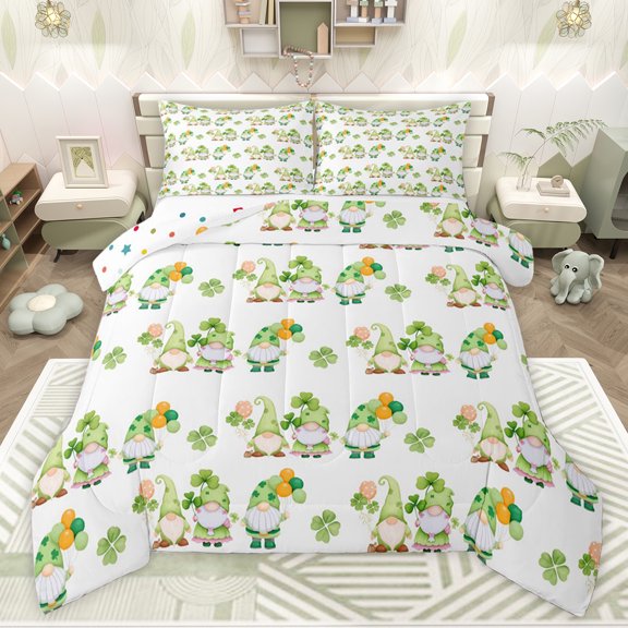 Feelyou Happy St. Patrick's Day Queen Comforter Set, Gnome Shamrock Bedding Set, 3pcs